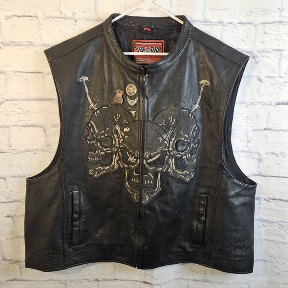 First Racing Other - First Racing Leather Vest Mens 5X Black Biker Skull Graphic Full Zip Pockets